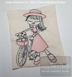 Swirly girl riding bicycle sketch machine embroidery design