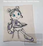 Swirly girl sitting at school desk sketch machine embroidery design