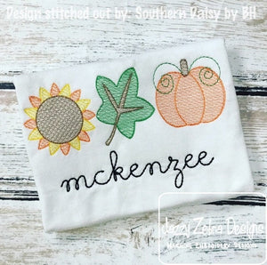Fall trio leaf, sunflower and pumpkin sketch machine embroidery design