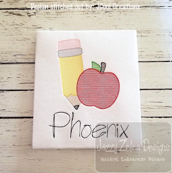 Pencil and apple back to school sketch machine embroidery design