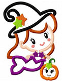 Witch Mermaid with pumpkin applique machine embroidery design