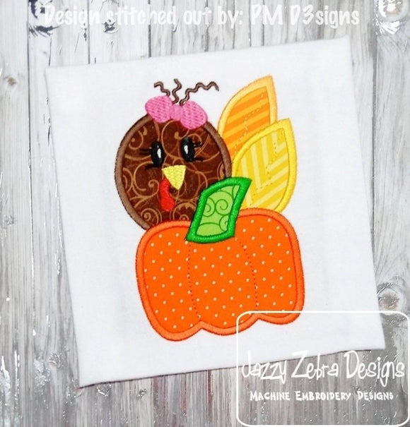 Turkey Girl with Pumpkin Applique Machine Embroidery Design