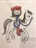 Swirly girl on horse sketch machine embroidery design