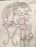 Swirly girl putting on makeup sketch machine embroidery design