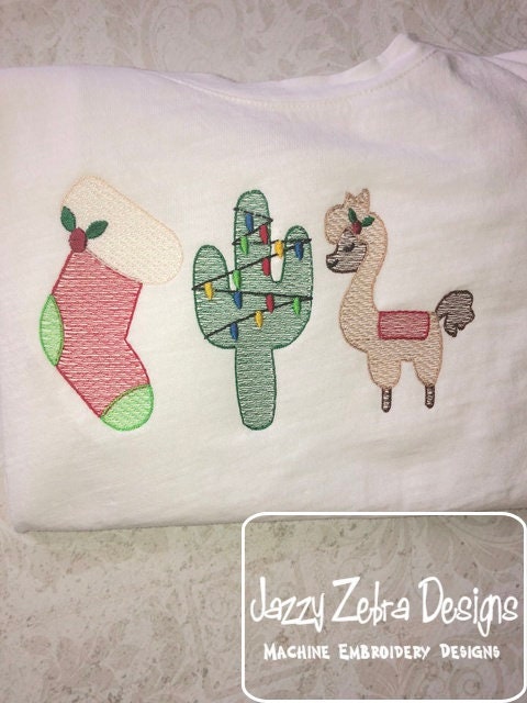 3 Christmas trio llama, cactus and stocking sketch machine embroidery design