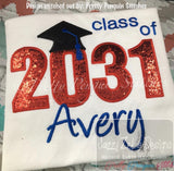 Class of 2031 with graduation cap appliqué machine embroidery design