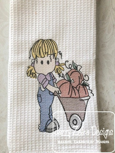 Girl With Cart Of Pumpkins Sketch Machine Embroidery Design