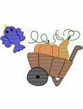 Fall wheelbarrow of pumpkins with bird sketch machine embroidery design