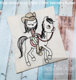 Swirly girl on horse sketch machine embroidery design