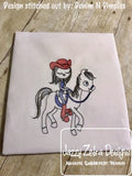 Swirly girl on horse sketch machine embroidery design