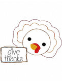 Give Thanks Turkey Shabby Chic Bean Stitch Applique Machine Embroidery Design