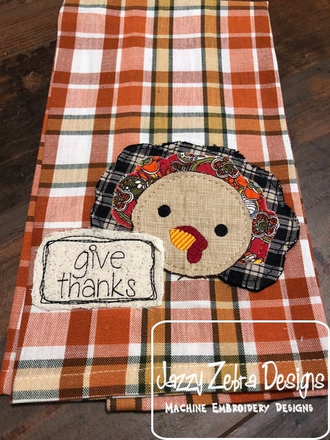 Give Thanks Turkey Shabby Chic Bean Stitch Applique Machine Embroidery Design