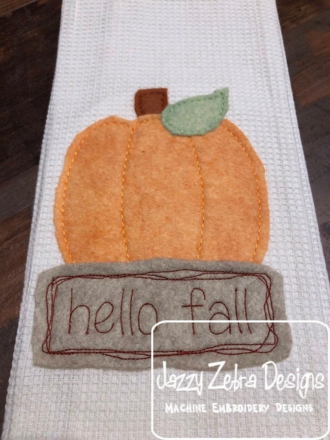 Hello Fall saying pumpkin shabby chic bean stitch applique machine embroidery design