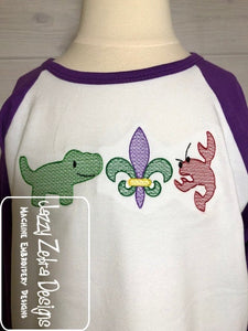 3 Louisiana trio alligator, craw fish, fleur de lis sketch machine embroidery design