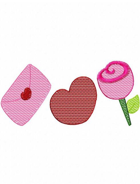 3 Valentine's Day icon trio Love letter, heart and rose sketch machine embroidery design