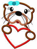 Girl Otter with heart appliqué machine embroidery design