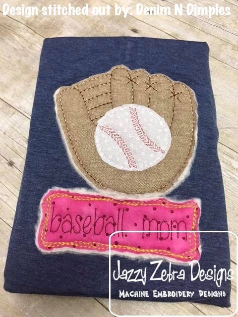 Baseball mom saying with baseball and glove shabby chic bean stitch applique machine embroidery design