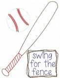 Swing for the fence saying baseball and bat shabby chic bean stitch applique machine embroidery design