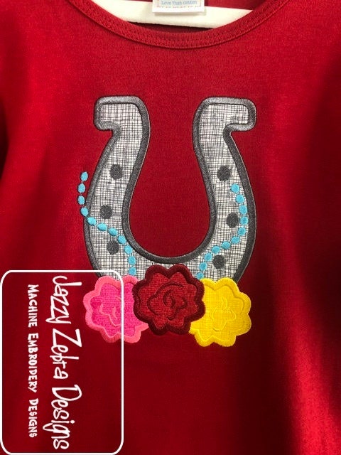 Horse shoe with roses applique machine embroidery design