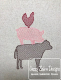 Farm animal silhouette cow, pig, chicken stack motif filled machine embroidery design