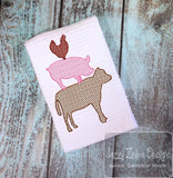 Farm animal silhouette cow, pig, chicken stack motif filled machine embroidery design