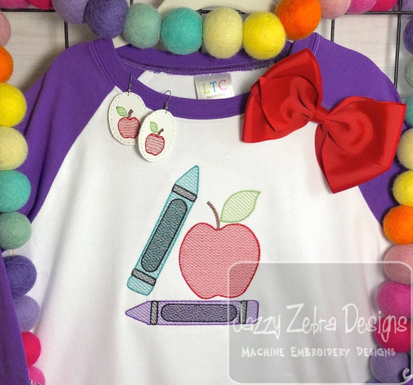 Crayons with apple sketch embroidery design