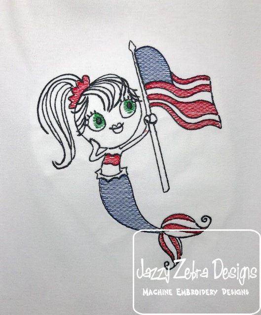 Swirly Girl patriotic mermaid 4th of July sketch machine embroidery design