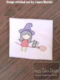 Witch on broom with cat sketch machine embroidery design