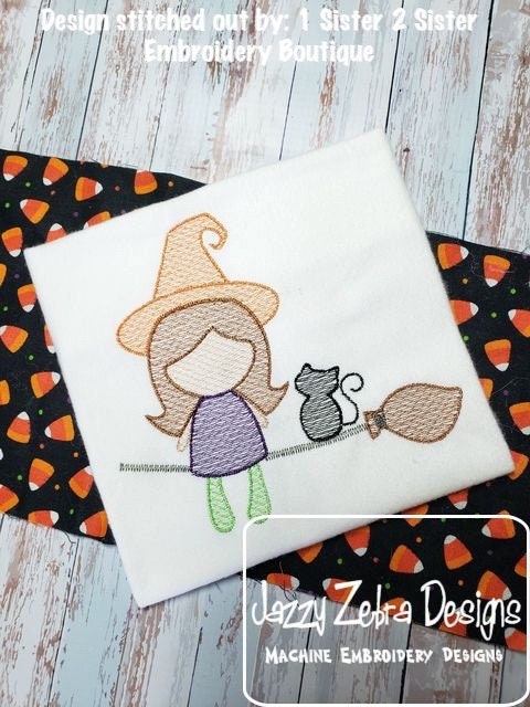 Witch on broom with cat sketch machine embroidery design
