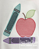 Crayons with apple sketch embroidery design