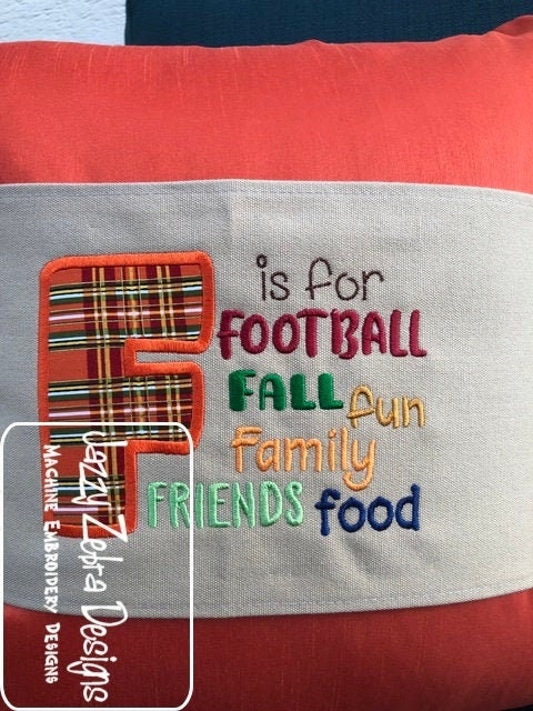 F is for football, fall, fun, family, friends, and food appliqué machine embroidery design