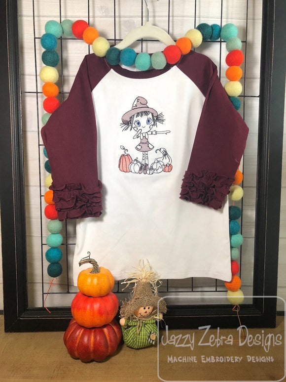 Swirly girl Scarecrow with pumpkins sketch machine embroidery design