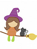 Witch on broom with cat sketch machine embroidery design