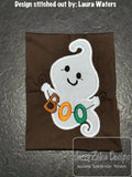 Ghost with Boo banner appliqué machine embroidery design