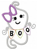 Girl ghost with raggedy edge Boo banner appliqué machine embroidery design