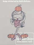 Swirly girl with pumpkins sketch machine embroidery design