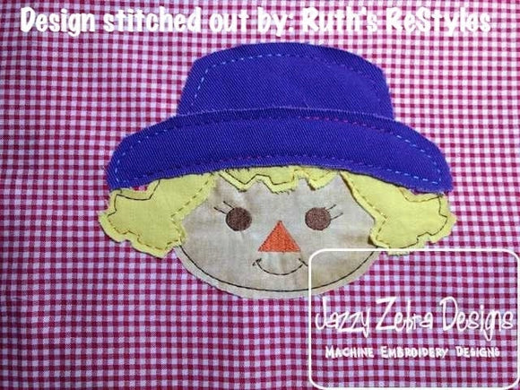 Scarecrow girl raggedy edge bean stitch applique machine embroidery design