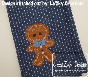 Gingerbread boy raggedy edge bean stitch shabby applique machine embroidery design