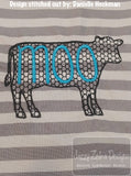 Cow silhouette with moo word motif filled machine embroidery design