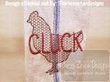 Chicken silhouette with cluck word motif filled machine embroidery design