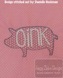 Pig silhouette with oink word motif filled machine embroidery design