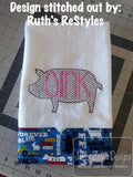 Pig silhouette with oink word motif filled machine embroidery design