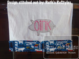 Pig silhouette with oink word motif filled machine embroidery design