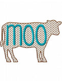 Cow silhouette with moo word motif filled machine embroidery design
