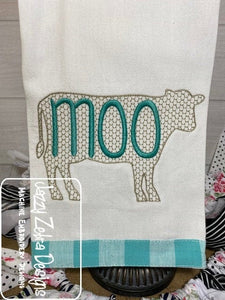 Cow silhouette with moo word motif filled machine embroidery design