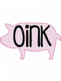 Pig silhouette with oink word motif filled machine embroidery design