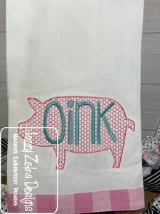 Pig silhouette with oink word motif filled machine embroidery design