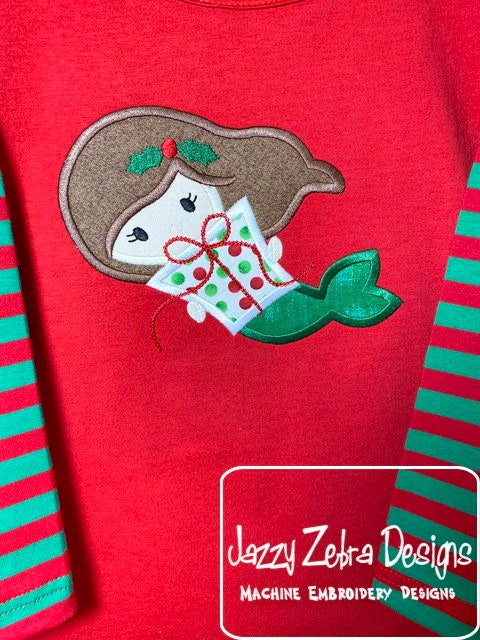 Christmas Mermaid with gift applique machine embroidery design