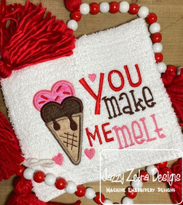 You make me melt saying heart ice cream cone applique machine embroidery design