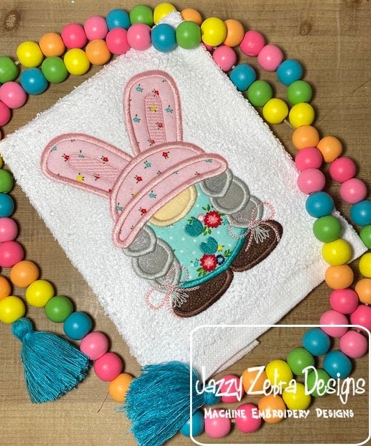 Gnome girl with bunny ears applique machine embroidery design